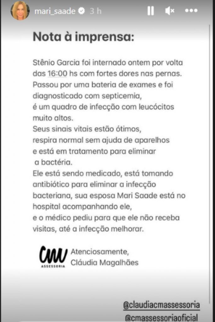 Comunicado estado de saúde Stênio Garcia