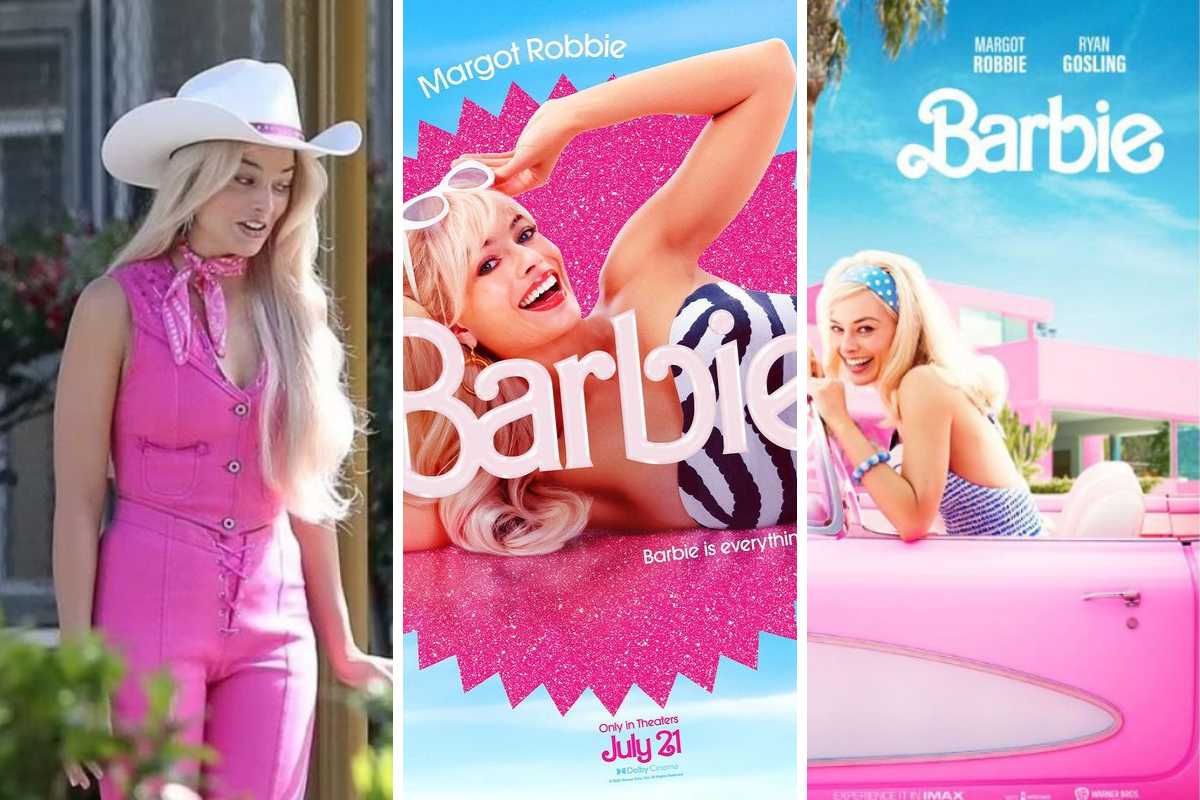 fotomontagem de cena e cartazes de margot robbie como barbie no filme