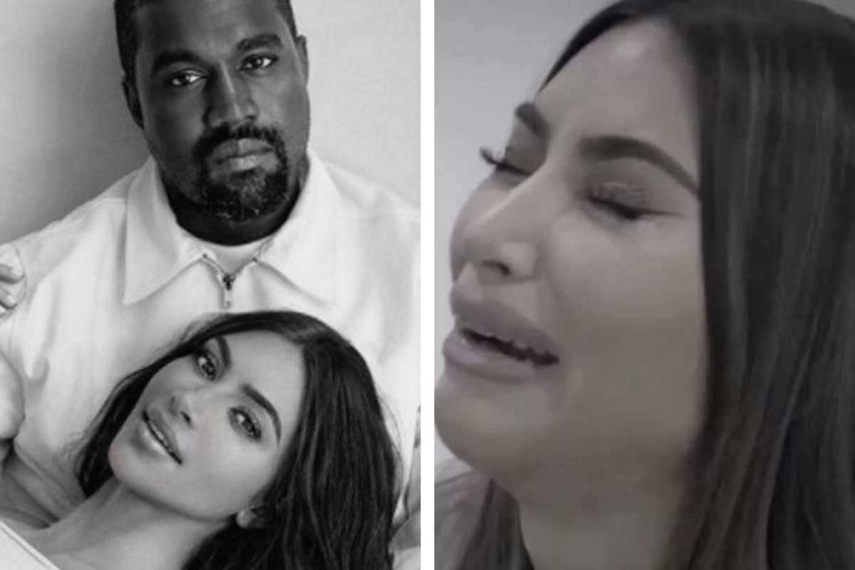 fotomontagem preta e branca de kim kardashian com kanye west e depois chorando