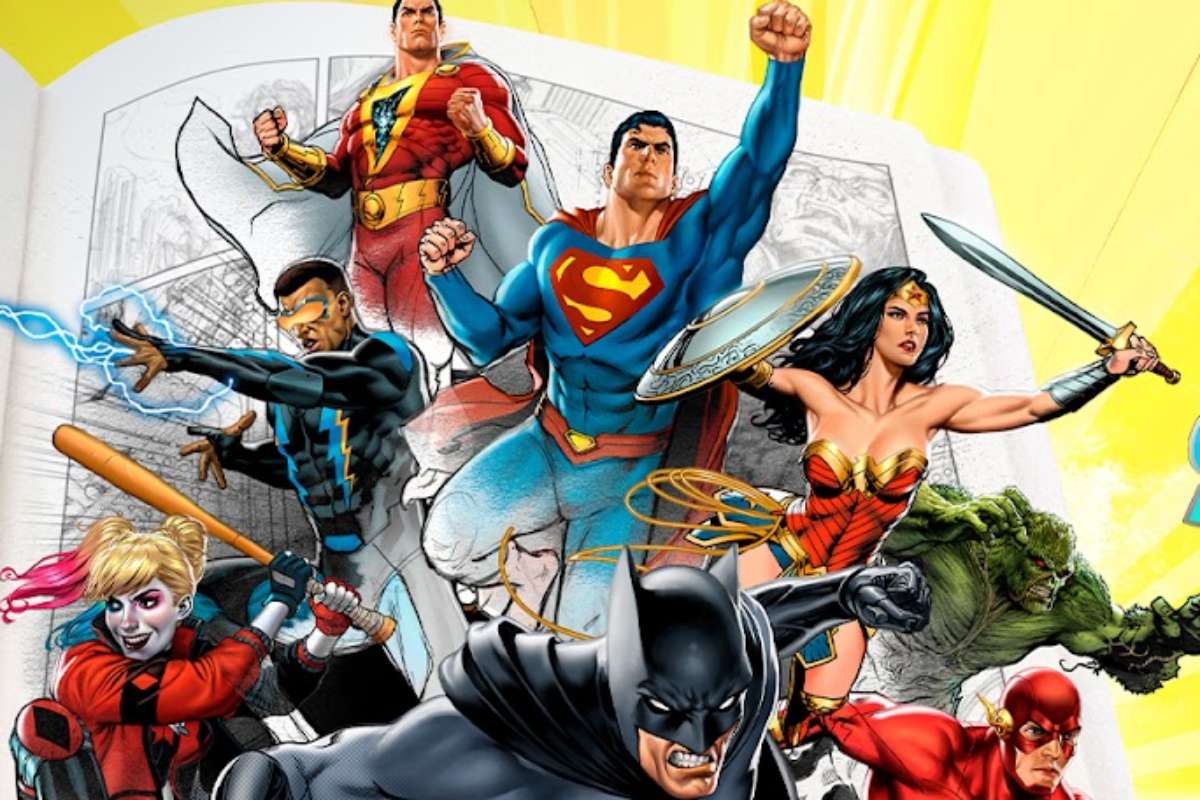 heróis no cartaz da série documental "superpoderosos: a história da dc"
