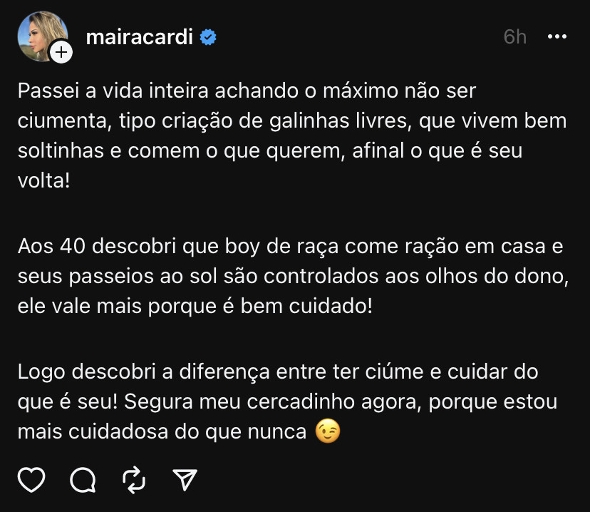 Maíra Cardi afirma ser ciumenta