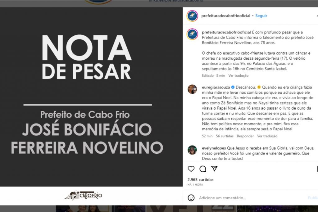 Nota de pesar morte do prefeito de Cabo Frio 