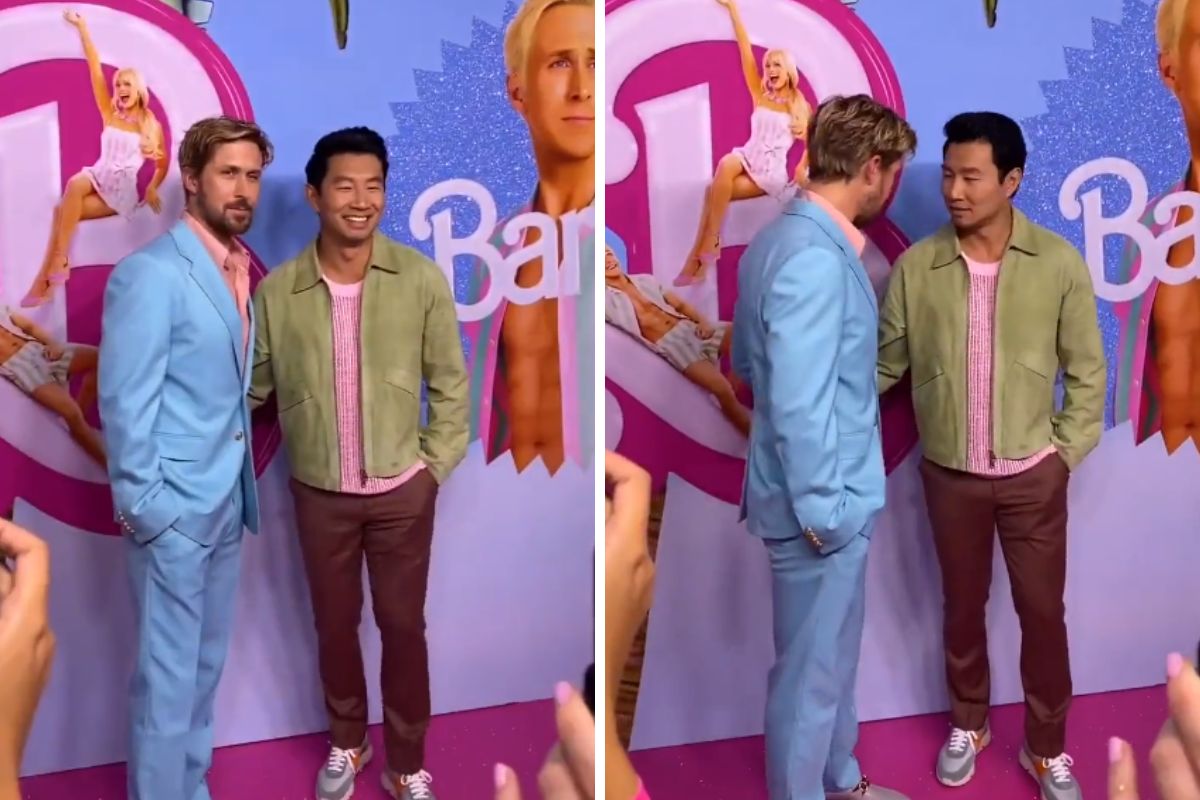 ryan gosling e simu liu em climão no tapete vermelho de barbie