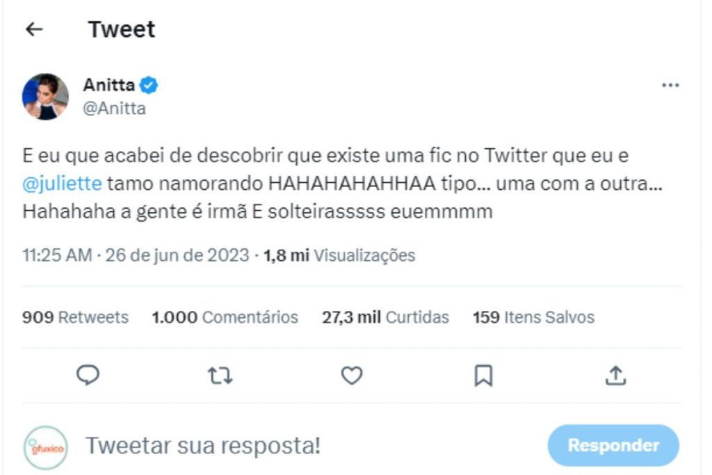 tuite de anitta desmentindo romance com juliette