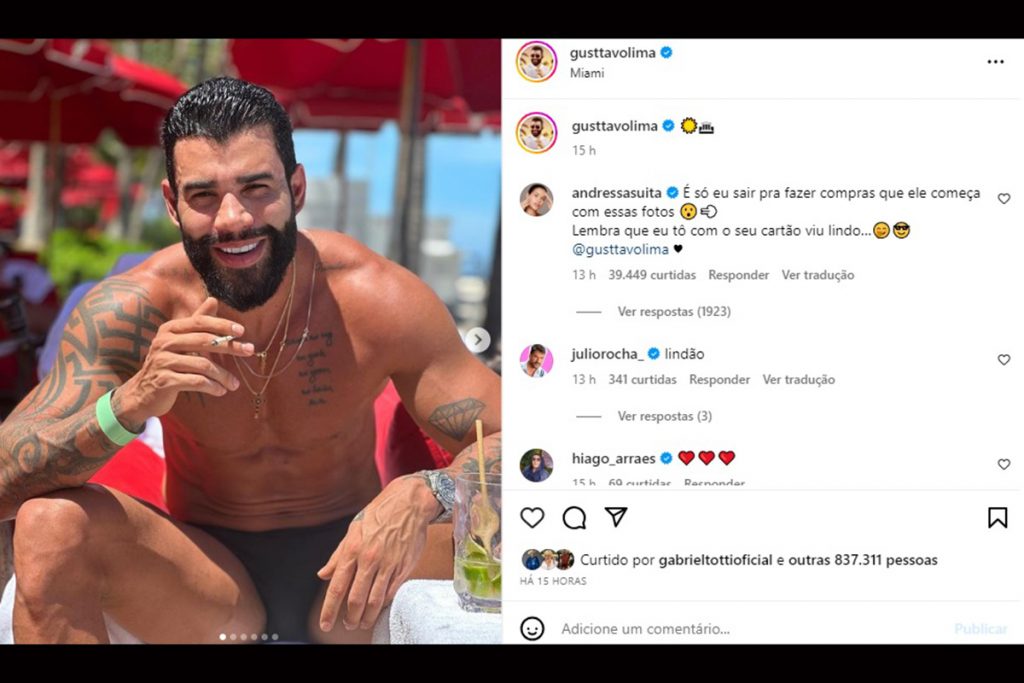 Gusttavo Lima posa sem camisa e recebe comentário de Andressa Suita