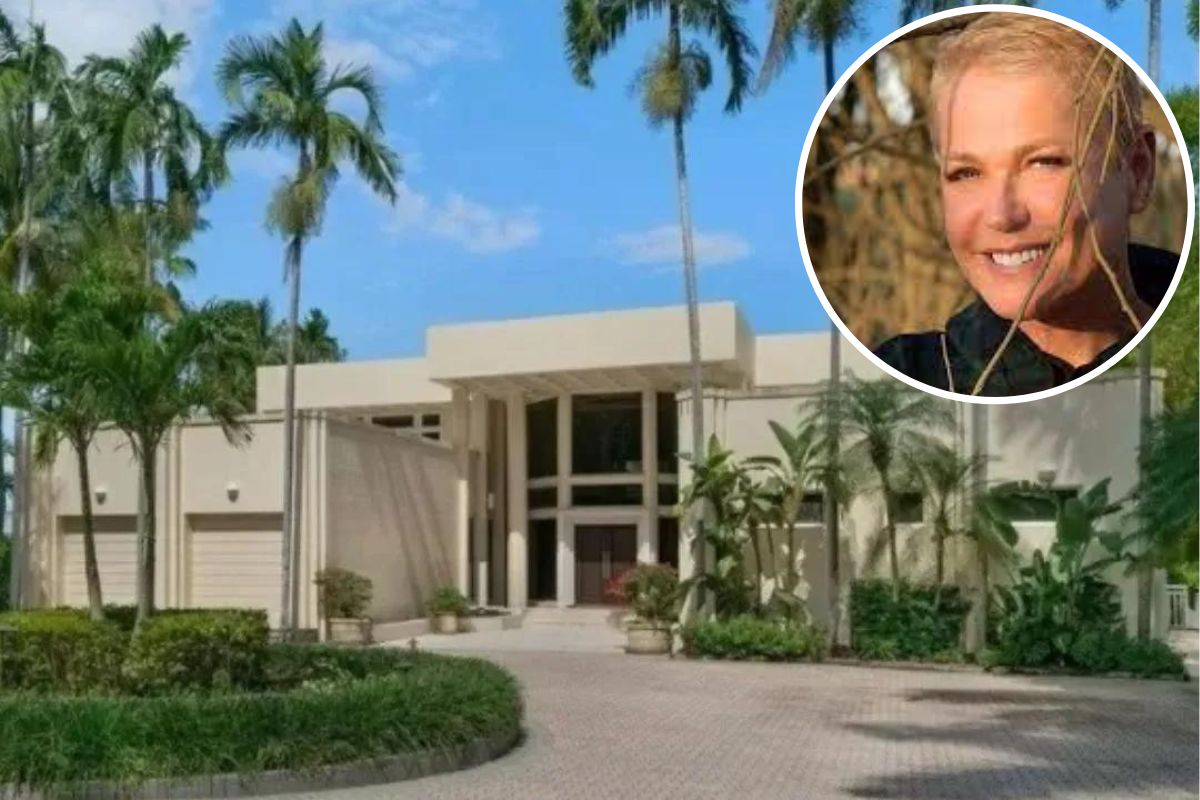 Fotomontagem de Xuxa com a mansão que acaba de vender, em Miami