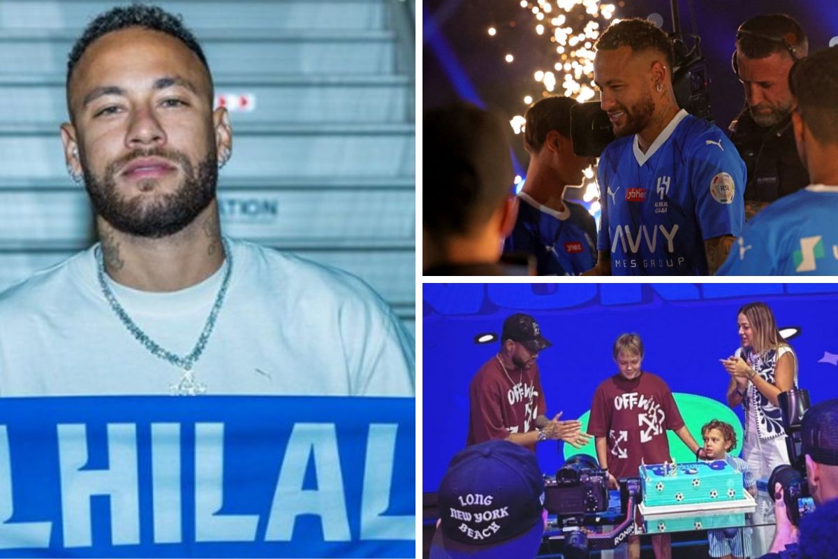 Neymar com faixa do Al-Hilal, na apresentação no estádio e em fesat de aniversário do filho Davi Lucca