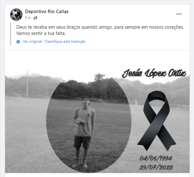 Publicação sobre morte do jogador do time Deportivo Rio Cañas