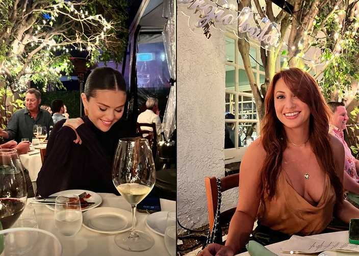 Selena Gomez e Francia Raísa no restaurante Giorgio Baldi