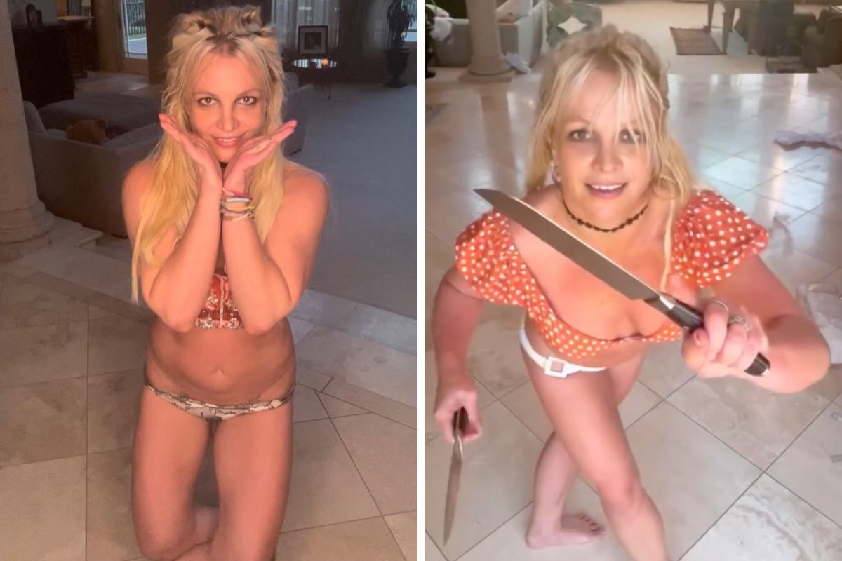 Britney Spears dançando com facas nas mãos