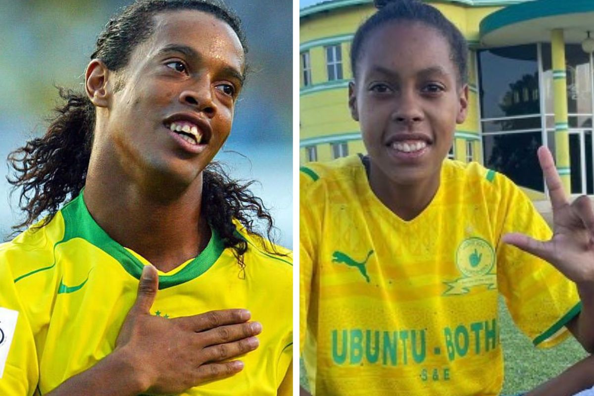 Fotomontagem de Ronaldinho Gaúcho e Miche Minnies, ambos com camiseta do Brasil