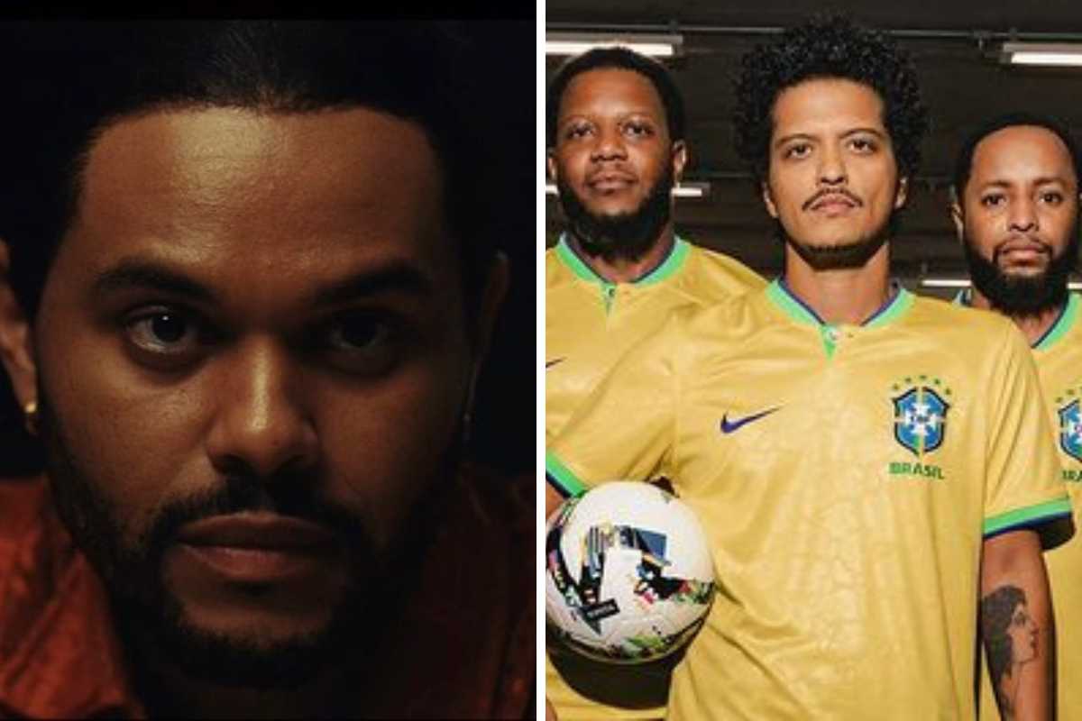 fotomontagem do rosto de the weeknd e de bruno mars com camiseta da seleção brasileira