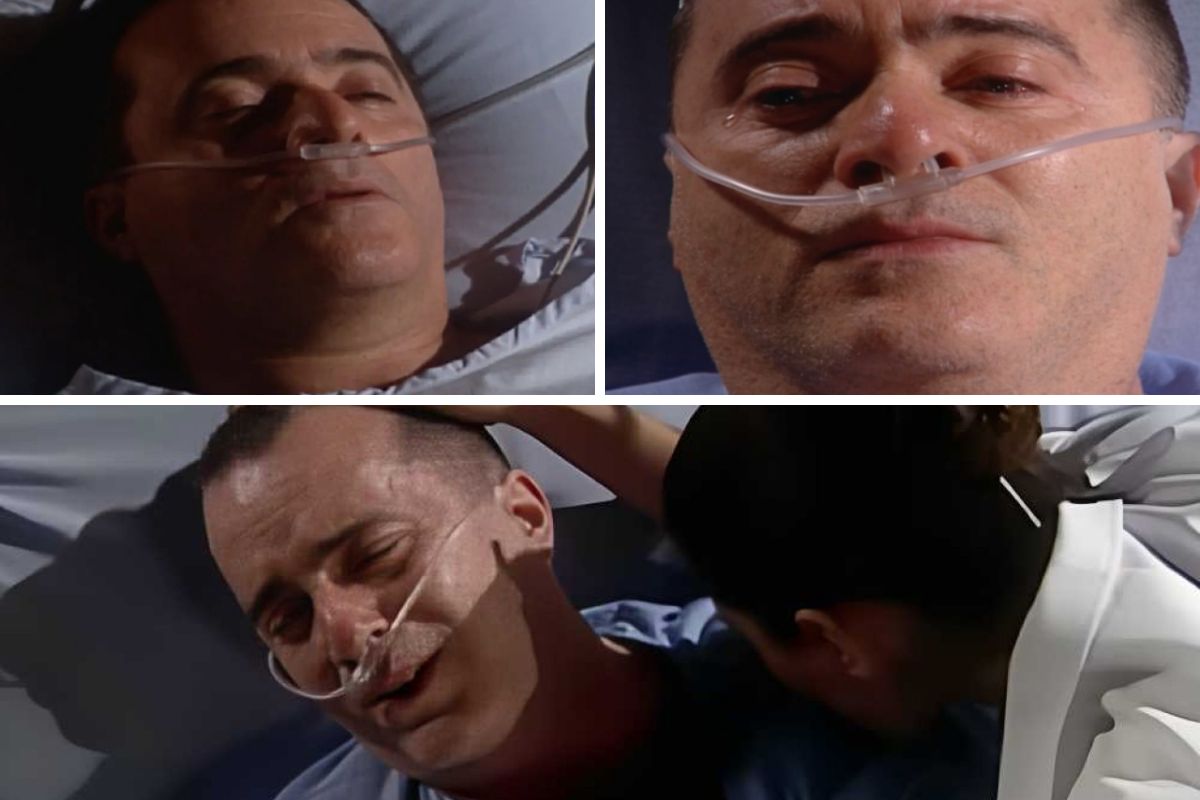 Fotomontagem da cena em que Téo (Tony Ramos) sabe da morte de Fernanda (Vanessa Gerberlli) e afirma que deveria ter ido em seu lugar