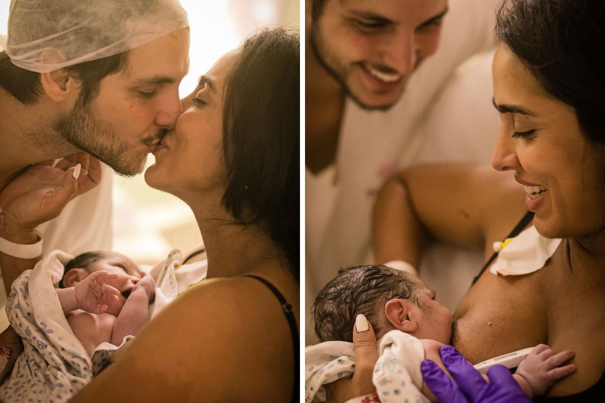 Jade Seba e Bruno Guedes se beijam após o parto