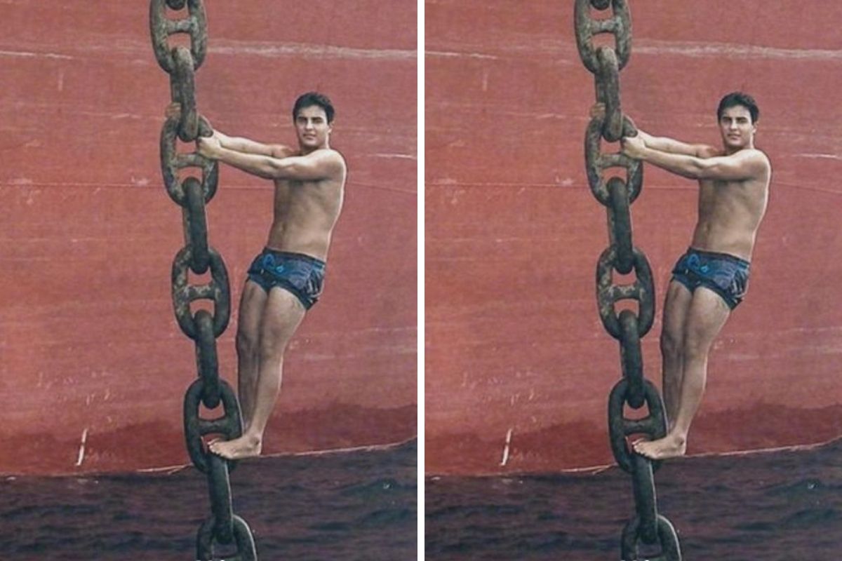 Marcelo Sangalo pendurado na corrente de âncora de um navio
