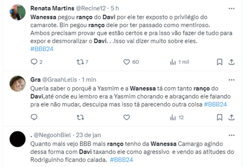 BBB 24 - Comentários Twitter sobre ranço de Wanessa em Davi