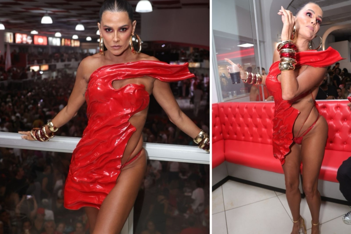 Deborah Secco de vestido vermelho estilizado como labareda de fogo e biquíni vermelho