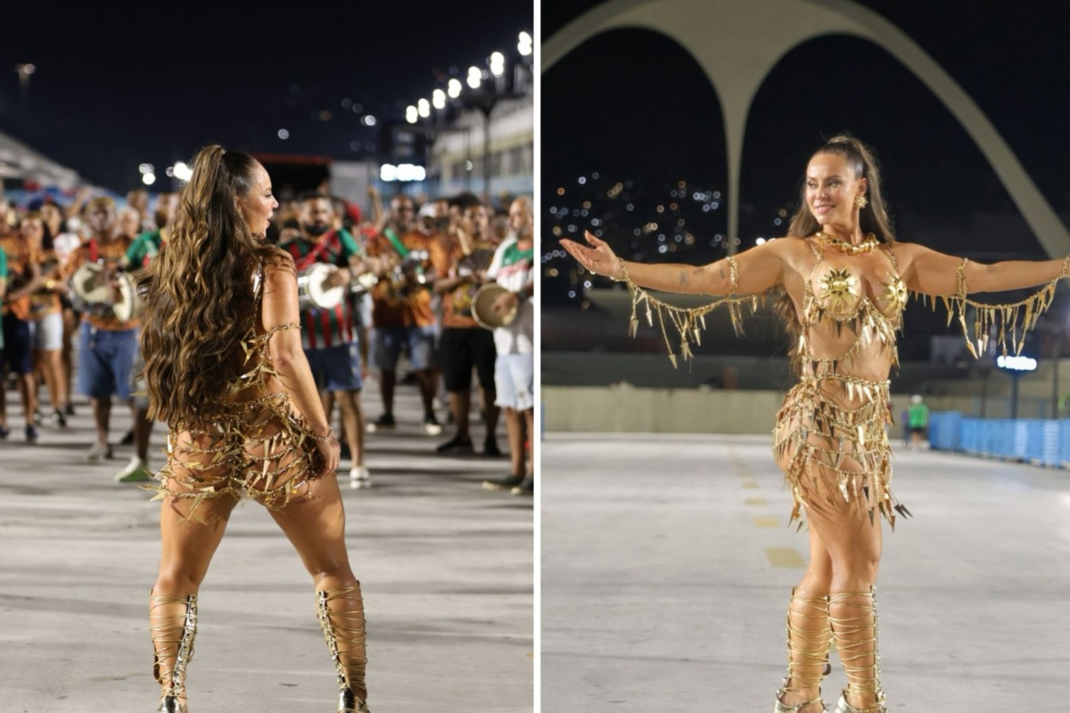 Carnaval 2024 - Paolla Oliveira sambando, de look estilizado dourado e sandálias douradas