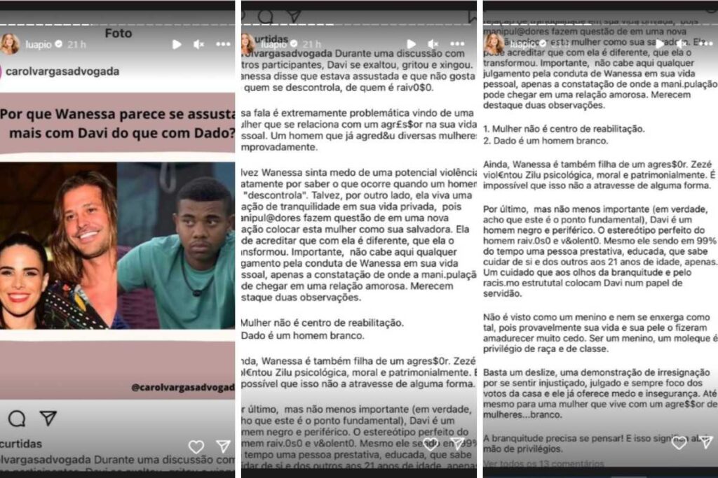 Stories de Luana Piovani compartilhando reflexão sobre a família Camargo