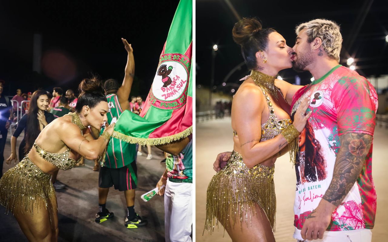 Em ensaio de rua, Juju Salimeni beija seus dois amores