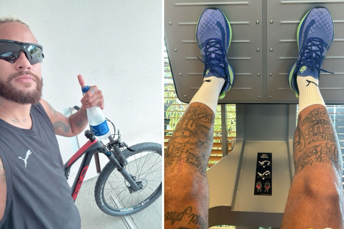 Neymar fazendo sinal de positivo, ao lado da bicicleta e na esteira