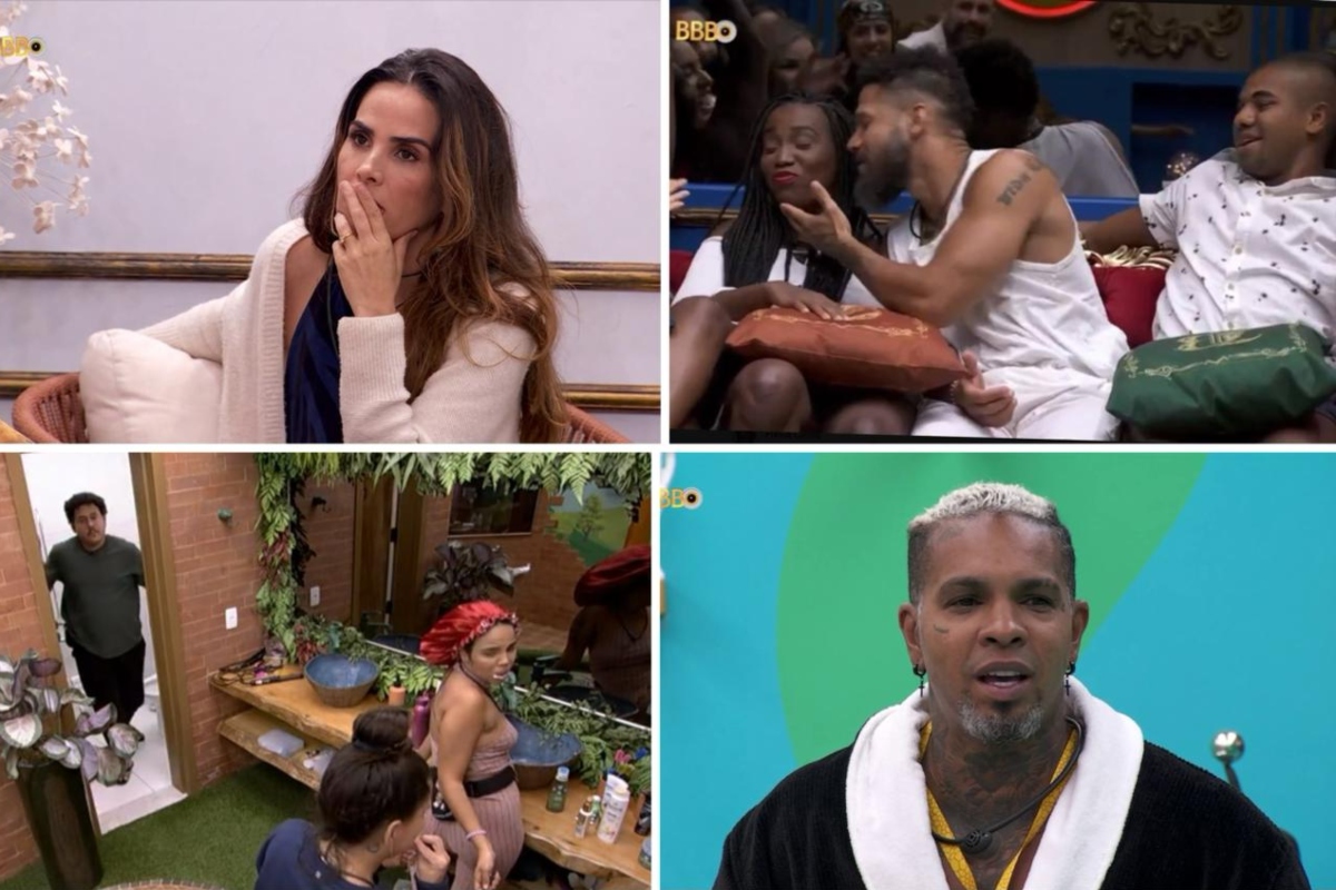 BBB24 - Wanessa com a mão na boca; Leidy Elin e Juninho sentados na sala; Pitel e Fernanda no banheiro, Rodriguinho no quarto do Líder