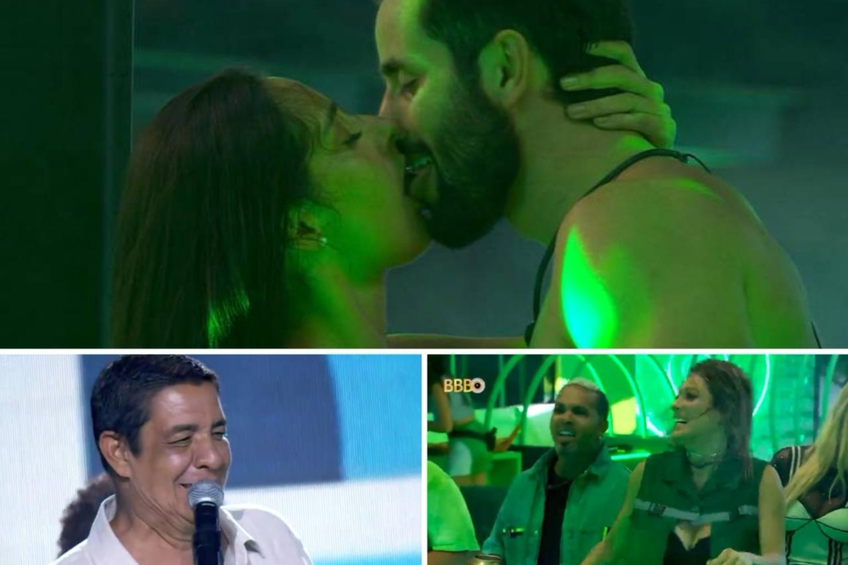 Festa BBB 24: Deniziane beijando Matteus; Zeca Pagodinho; Rodriguinho e Beatriz