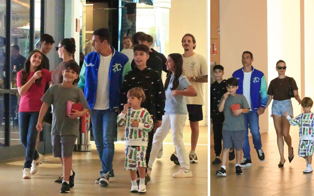Isis Valverde e Marcus Buaiz passeiam com os filhos no shopping