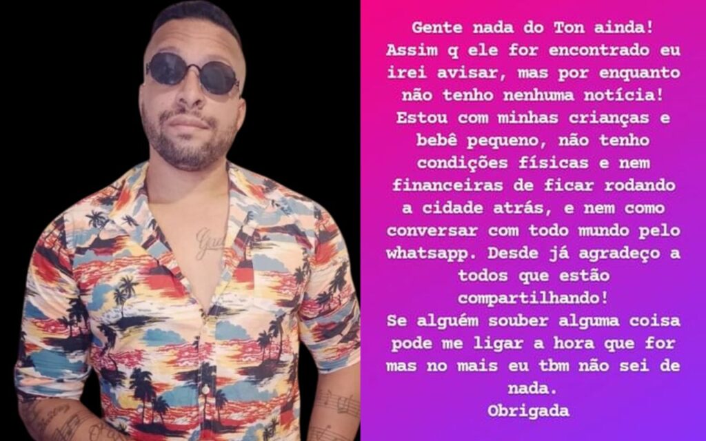 Mensagem da namorada do cantor sertanejo Ton Ferreira pedindo ajuda