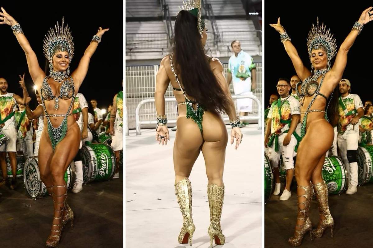 Viviane Araújo de biquíni verde etilizado, no Sambódromo do Anhembi