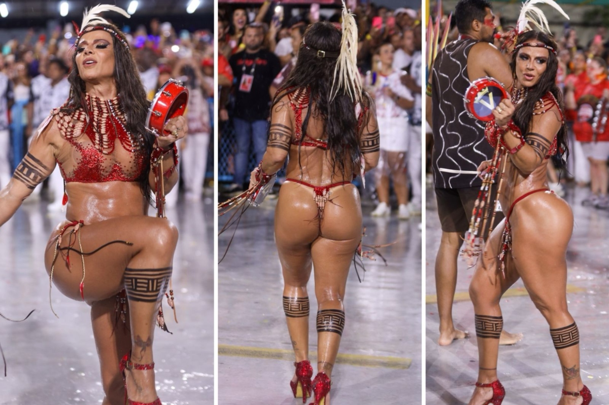 Viviane Araújo fantasiada de indígena, com biquíni vermelho