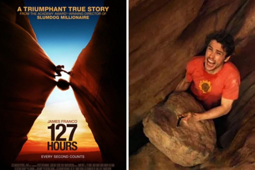 127 Horas: Fotomontagem entre James Franco e o pôster do filme estrelado por ele