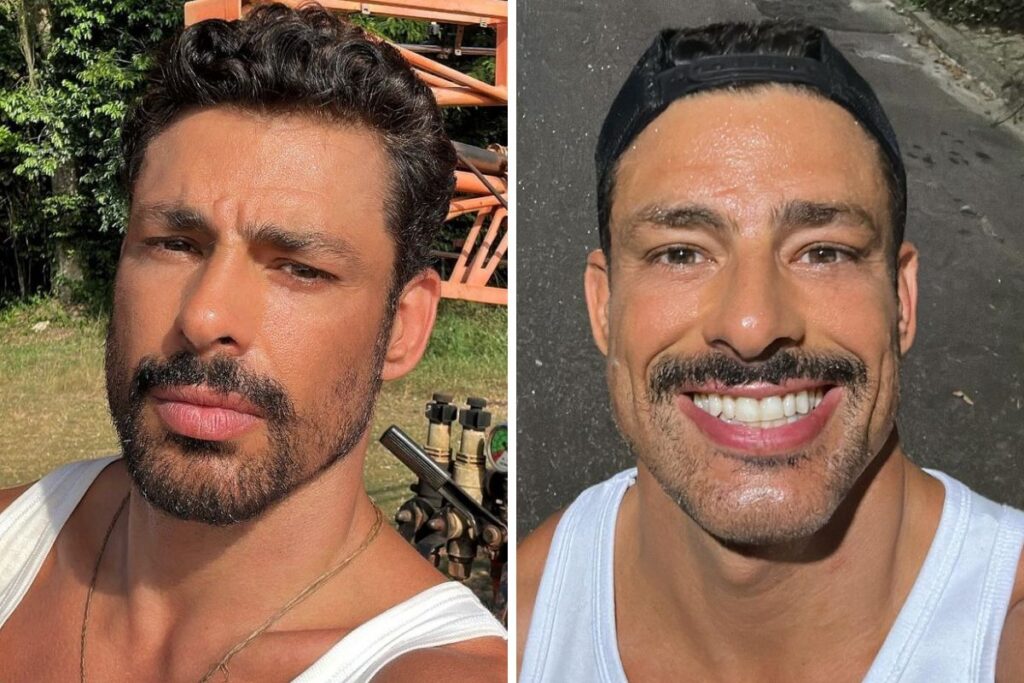 Cauã Reymond de barba na foto à esquerda e só de bigode na foto à direita