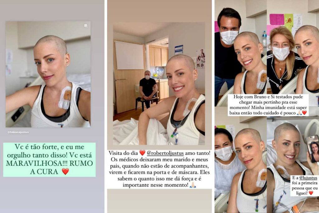 fotomontagem de stories de fabiana justus recebendo apoio após raspar o cabelo