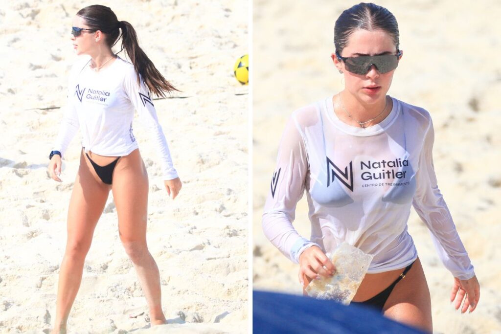 Jade Picon joga futevôlei e mostra boa forma na praia