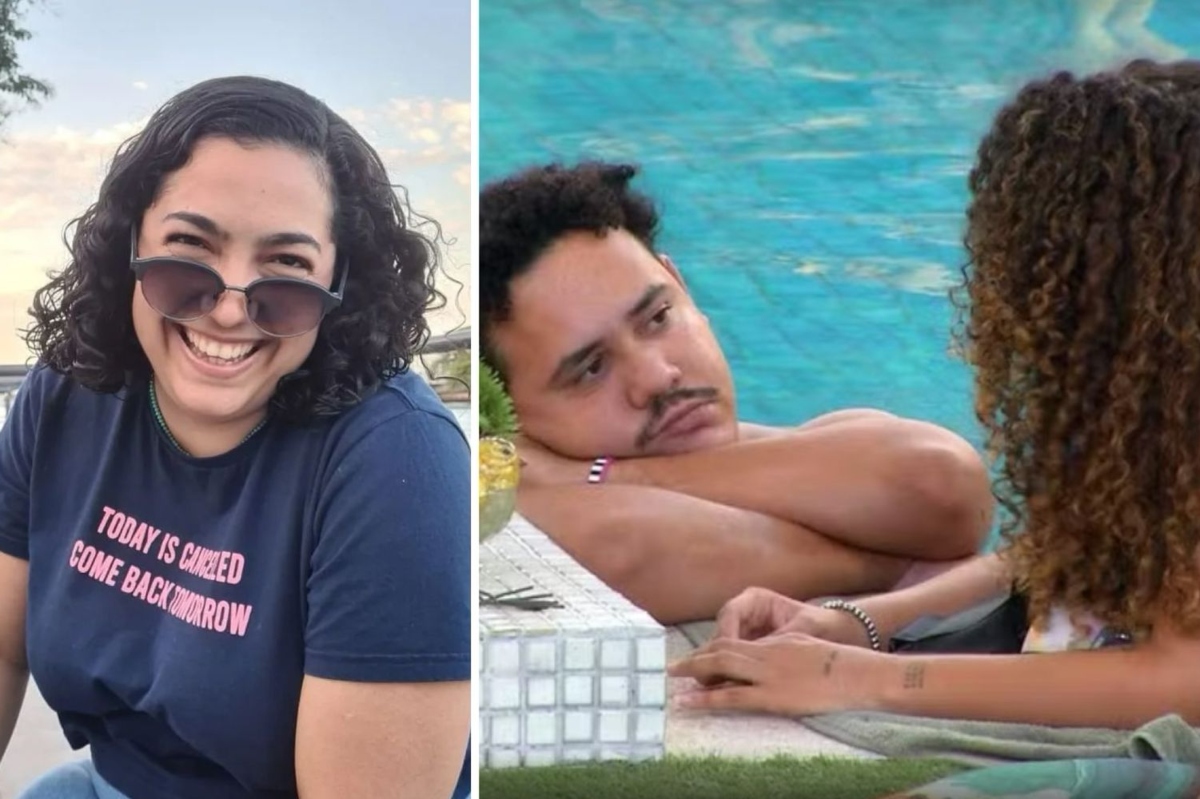 BBB 24 - Camila Moura sorrindo, de óculos escuros; Lucas Henrique e Pitel na piscina