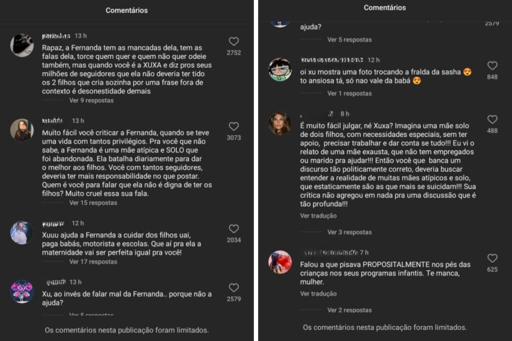 Comentários negativos contra a fala de Xuxa sobre Fernanda