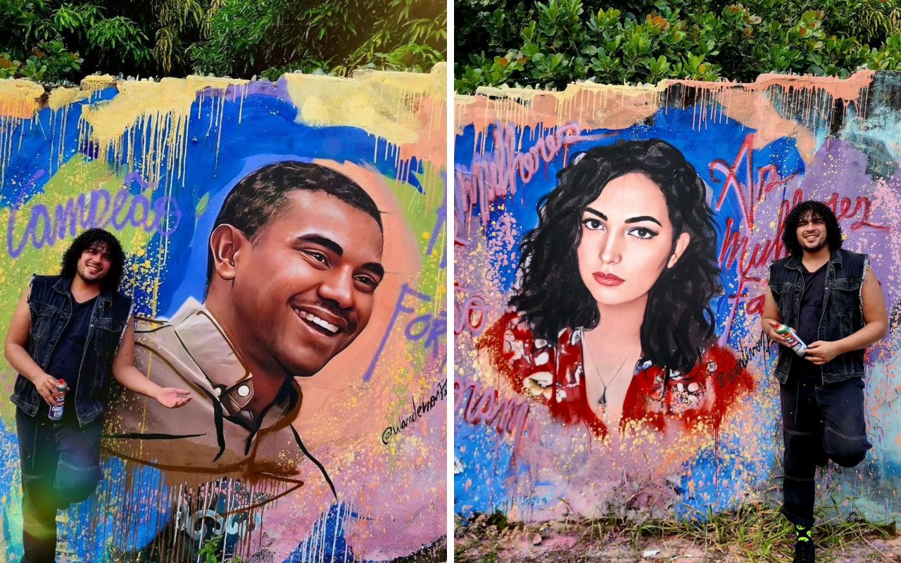 Wanderson Petrova pintou as imagens de Davi e Camila Moura em muro, no Ceará – Foto: Reprodução Instagram