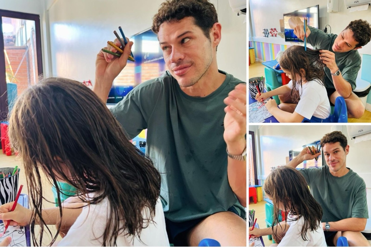 José Loreto penteando cabelo da filha com lápis