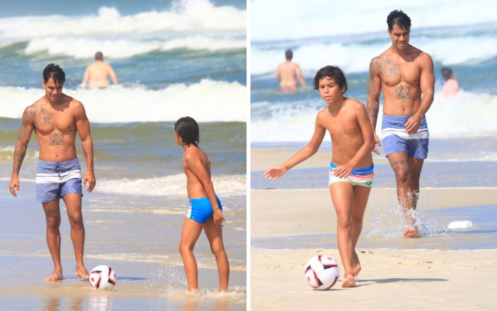 Micael Borges: dia de bola e praia com o filho Zion – Foto: Fabrício Pioyani/ AgNews