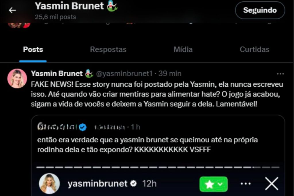 Yasmin Brunet desmente fake news