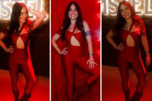 Alessandra Negrini de macacão vermelho justo