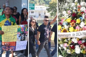 Fãs, grupo Molejo e coroa de flores no velório de Anderson Leonardo