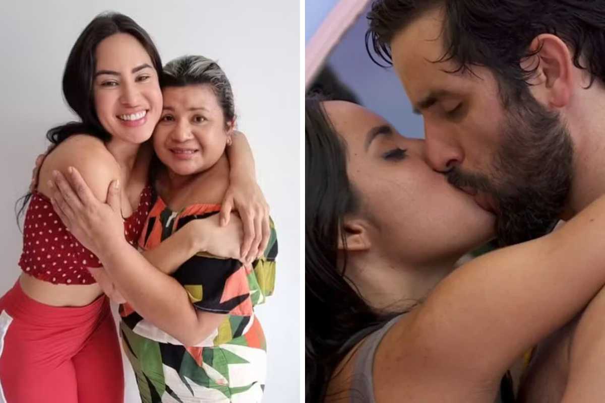 fotomontagem de isabelle abraçada com a mãe e beijando matteus no bbb 24
