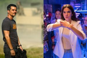 fotomontagem de wagner moura em guerra civil e bruna marquezine em besouro azul