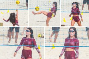 Jade Picon na praia jogando futevôlei