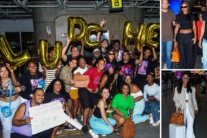 Ludmilla e Bruna Gonçalves embarcando no aeroporto, surpreendidas por fãs