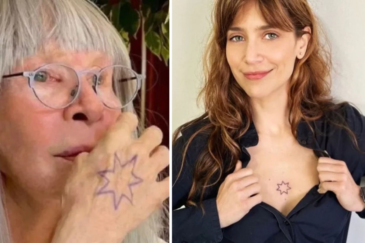 Rita Lee com estrela tatuada na mão, Mel Lisboa com estrela tatuada no peito