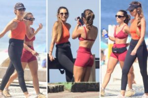 Patrícia Poeta caminhando na orla com amiga