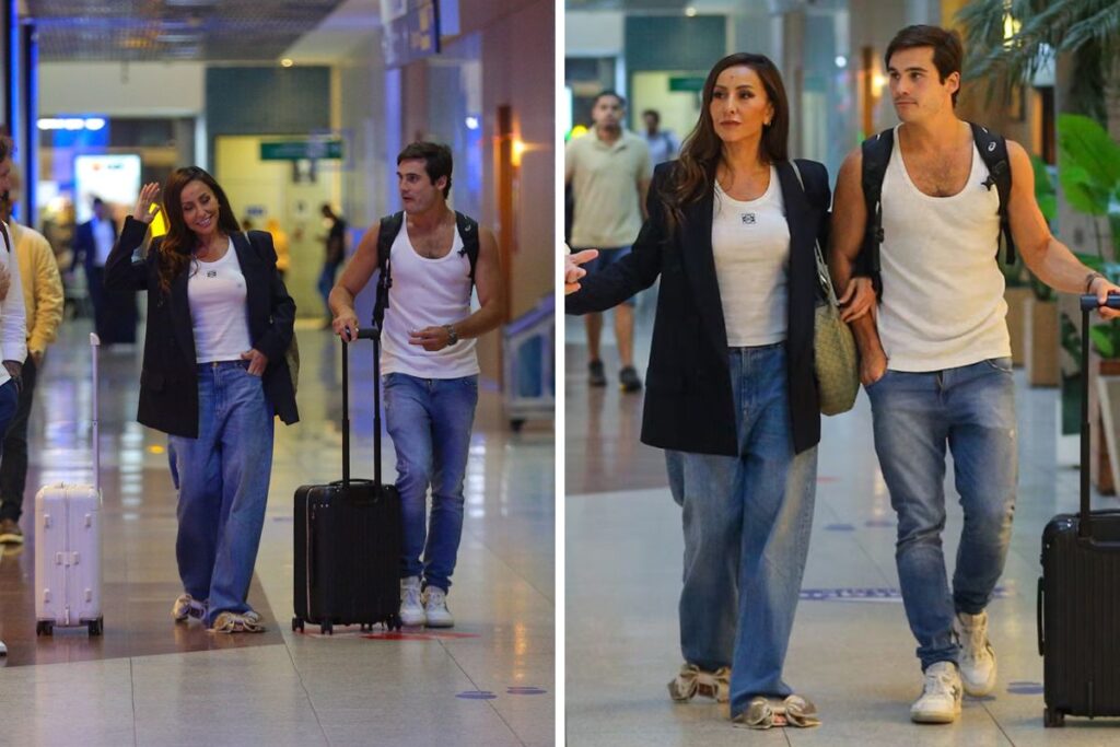 Sabrina Sato e Nicolas Prattes desfilam no aeroporto internacional Santos Dumont